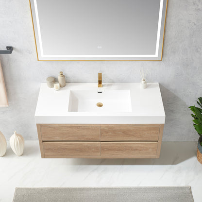Vinnova, Palencia 48" Single Sink Wall-Mount Bath Vanity in North American Oak with White Composite Integral Square Sink Top and Mirror