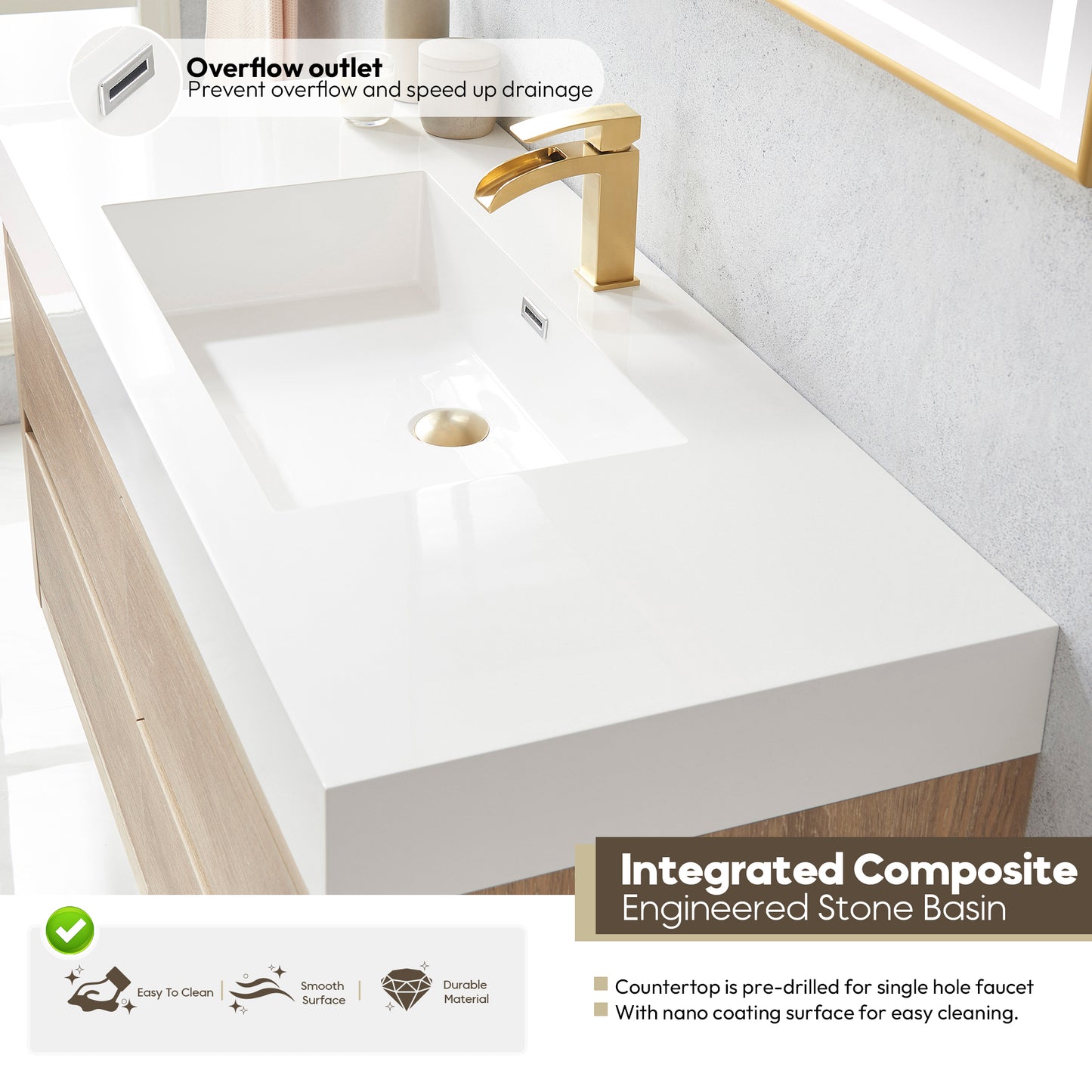 Vinnova, Palencia 48" Single Sink Wall-Mount Bath Vanity in North American Oak with White Composite Integral Square Sink Top and Mirror