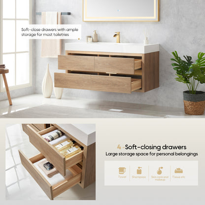 Vinnova, Palencia 48" Single Sink Wall-Mount Bath Vanity in North American Oak with White Composite Integral Square Sink Top and Mirror