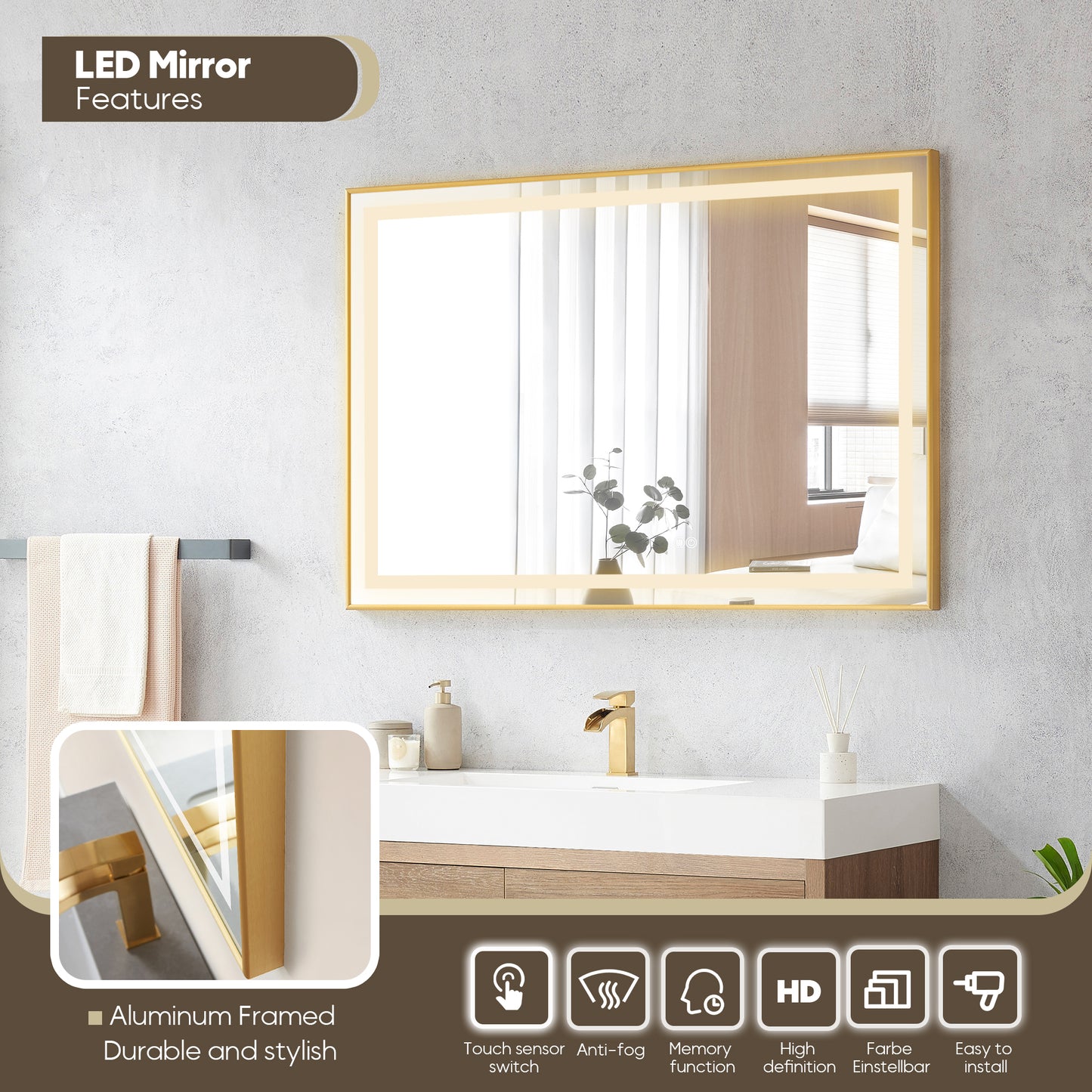 Vinnova, Palencia 48" Single Sink Wall-Mount Bath Vanity in North American Oak with White Composite Integral Square Sink Top and Mirror