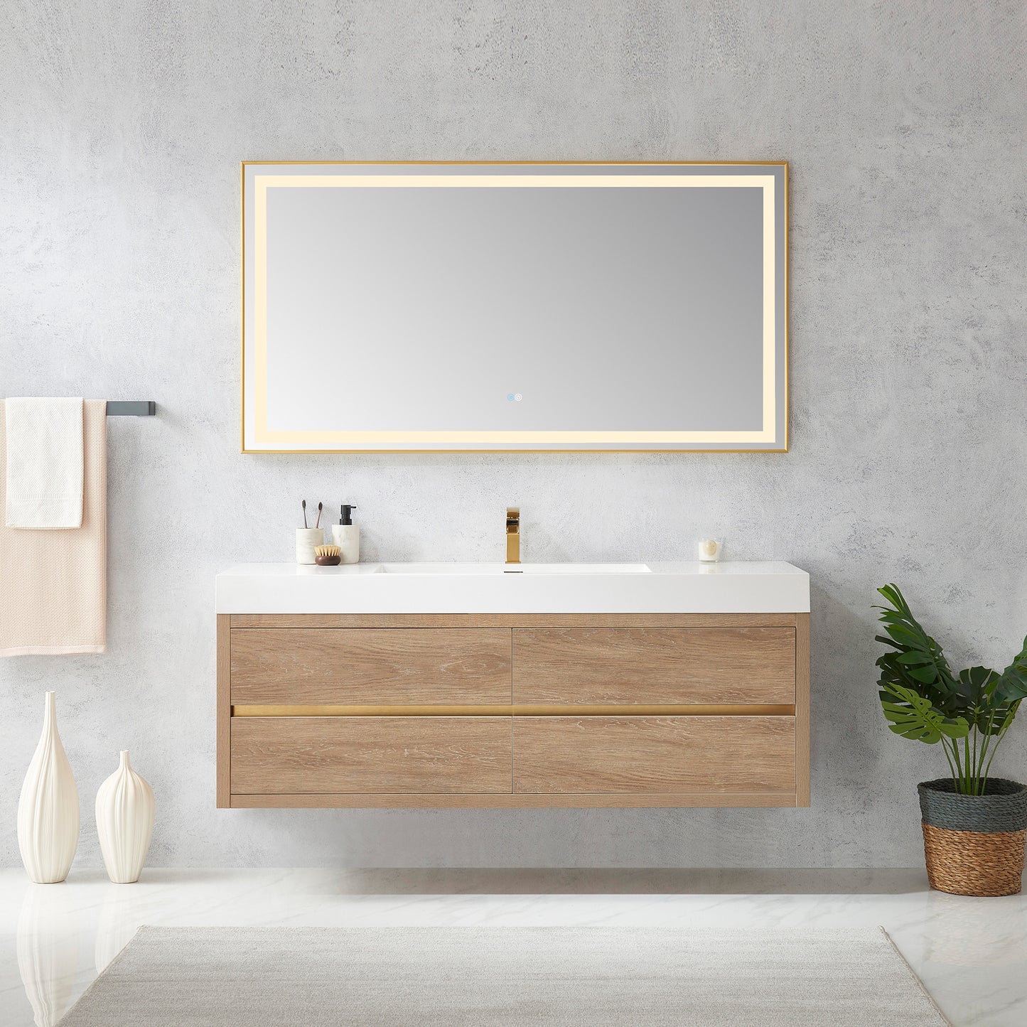 Vinnova, Palencia 60" Single Sink Wall-Mount Bath Vanity in North American Oak with White Composite Integral Square Sink Top
