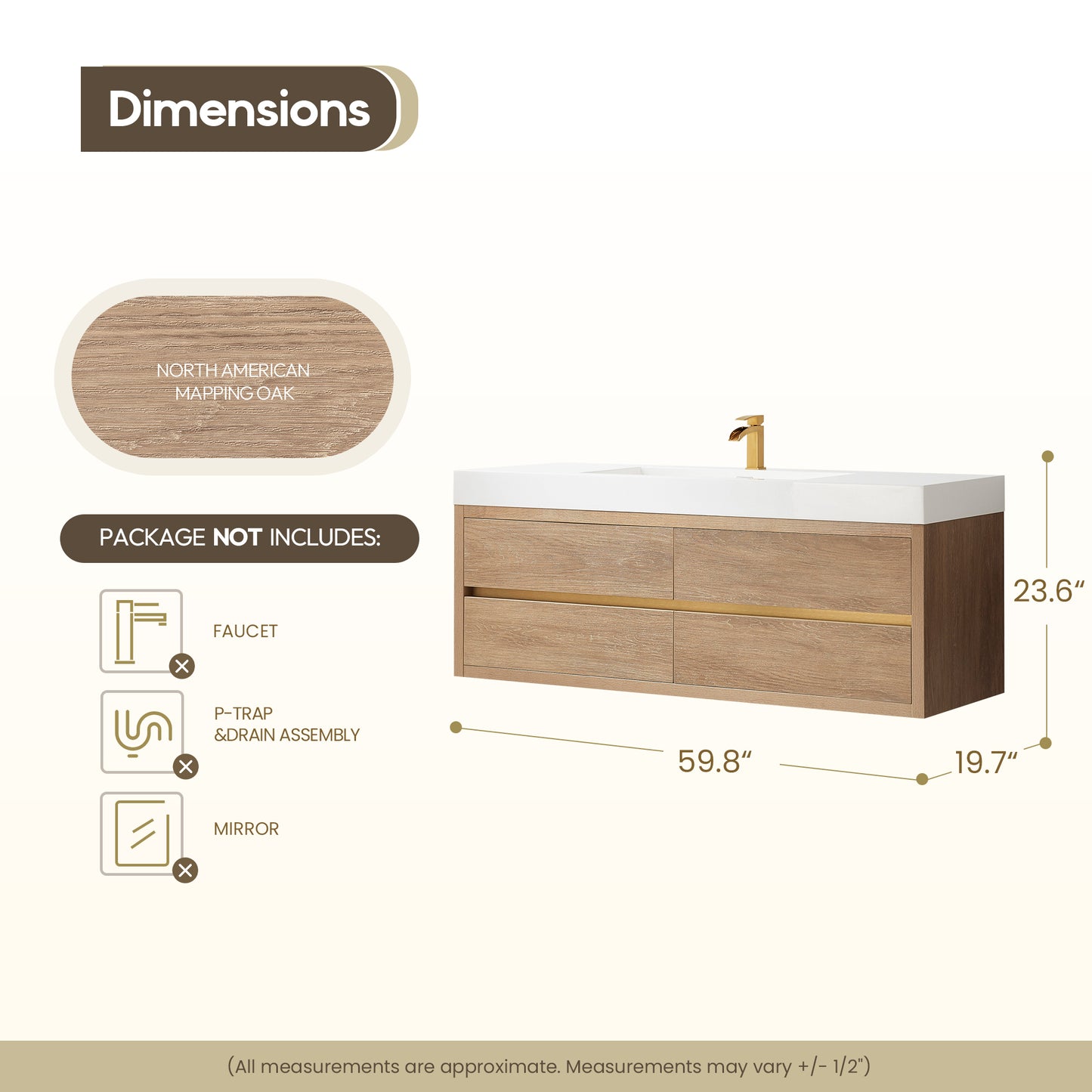 Vinnova, Palencia 60" Single Sink Wall-Mount Bath Vanity in North American Oak with White Composite Integral Square Sink Top