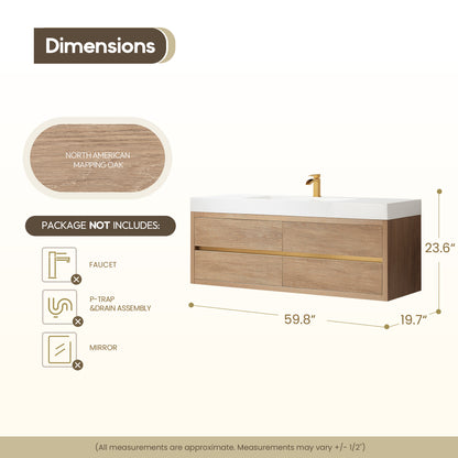 Vinnova, Palencia 60" Single Sink Wall-Mount Bath Vanity in North American Oak with White Composite Integral Square Sink Top