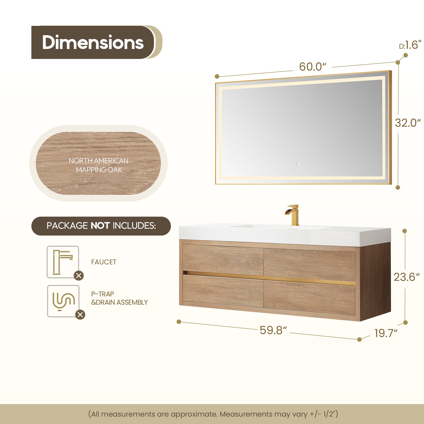Vinnova, Palencia 60" Single Sink Wall-Mount Bath Vanity in North American Oak with White Composite Integral Square Sink Top and Mirror