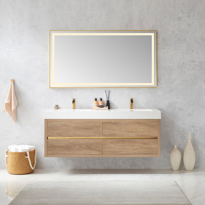 Vinnova, Palencia 60M" Double Sink Wall-Mount Bath Vanity in North American Oak with White Composite Integral Square Sink Top