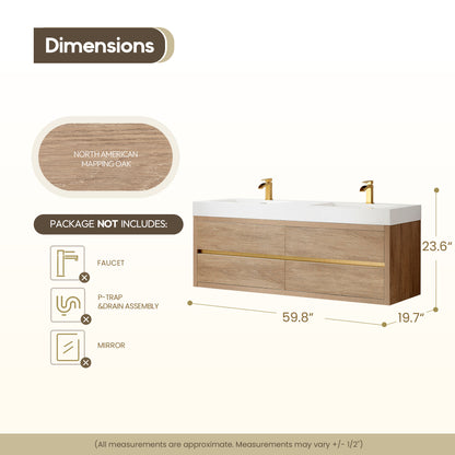 Vinnova, Palencia 60M" Double Sink Wall-Mount Bath Vanity in North American Oak with White Composite Integral Square Sink Top