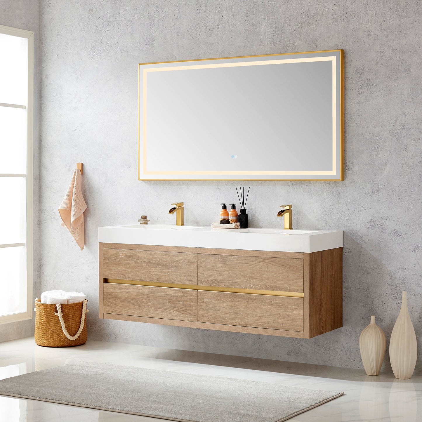 Vinnova, Palencia 60M" Double Sink Wall-Mount Bath Vanity in North American Oak with White Composite Integral Square Sink Top