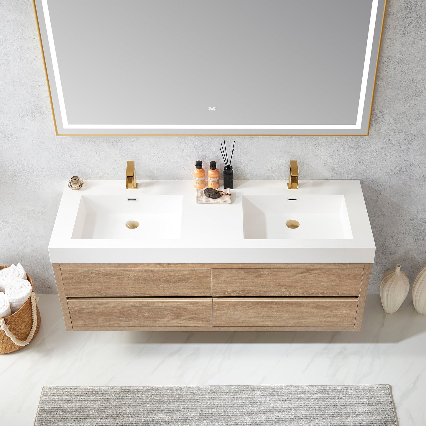 Vinnova, Palencia 60M" Double Sink Wall-Mount Bath Vanity in North American Oak with White Composite Integral Square Sink Top