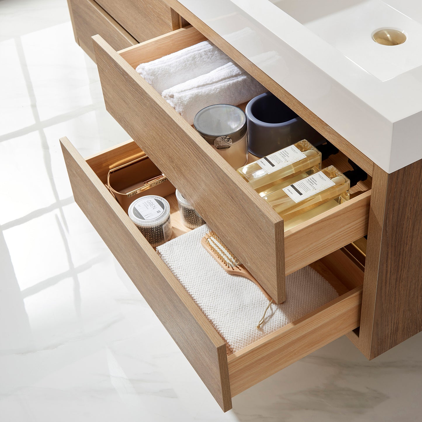 Vinnova, Palencia 60M" Double Sink Wall-Mount Bath Vanity in North American Oak with White Composite Integral Square Sink Top