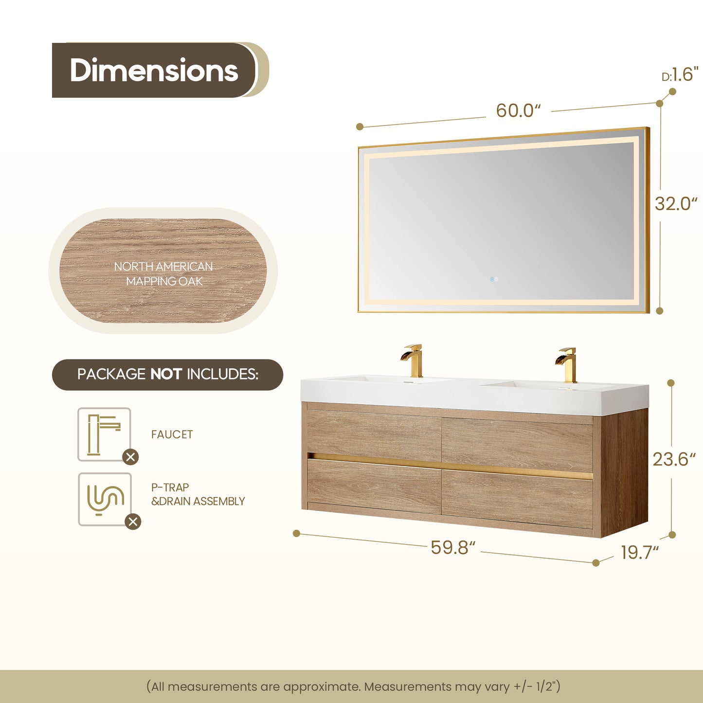 Vinnova, Palencia 60M" Double Sink Wall-Mount Bath Vanity in North American Oak with White Composite Integral Square Sink Top and Mirror
