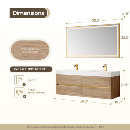 Vinnova, Palencia 60M" Double Sink Wall-Mount Bath Vanity in North American Oak with White Composite Integral Square Sink Top and Mirror