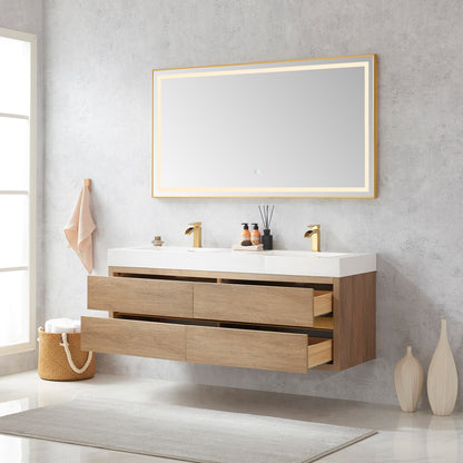 Vinnova, Palencia 60M" Double Sink Wall-Mount Bath Vanity in North American Oak with White Composite Integral Square Sink Top and Mirror