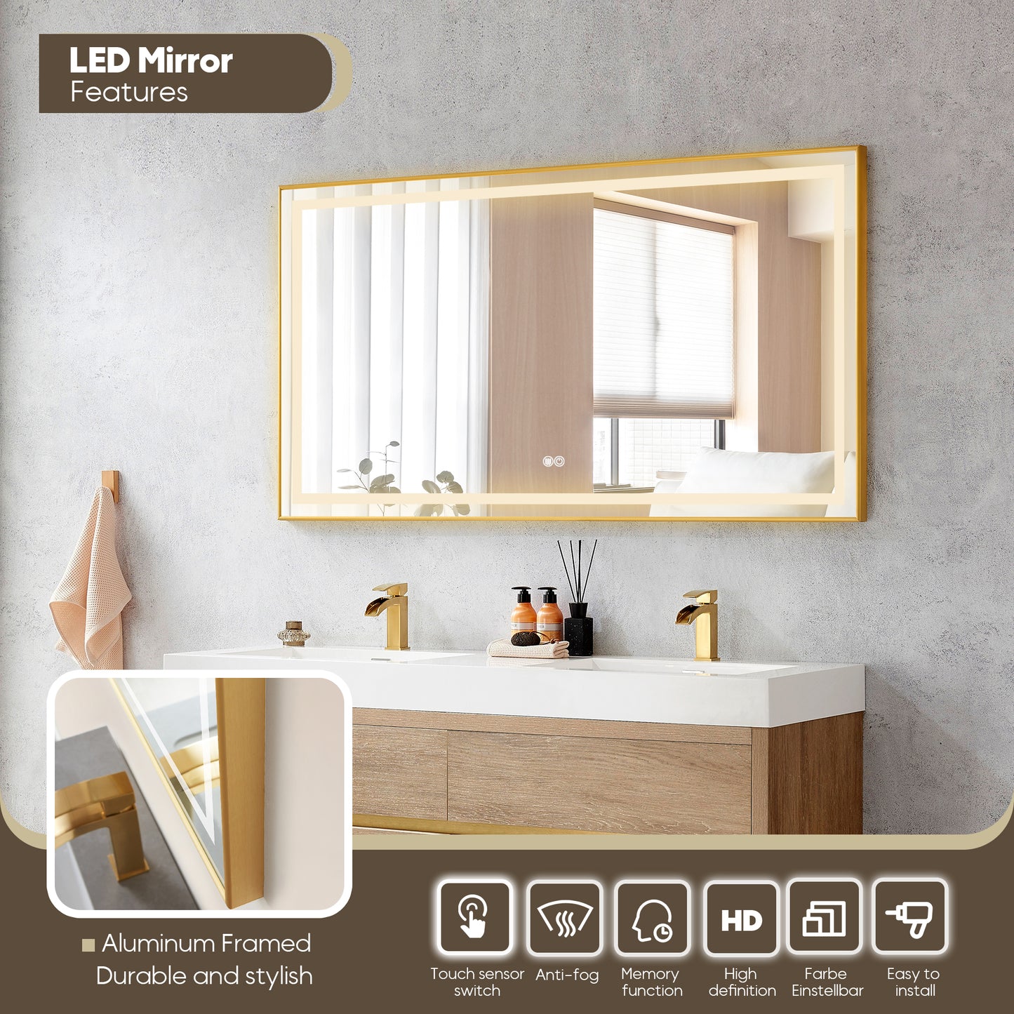 Vinnova, Palencia 60M" Double Sink Wall-Mount Bath Vanity in North American Oak with White Composite Integral Square Sink Top and Mirror