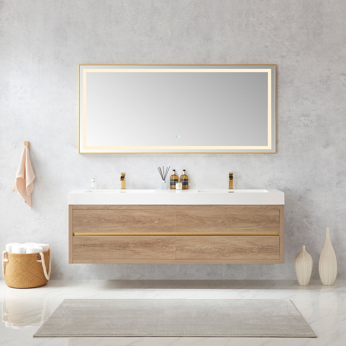Vinnova, Palencia 72" Double Sink Wall-Mount Bath Vanity in North American Oak with White Composite Integral Square Sink Top