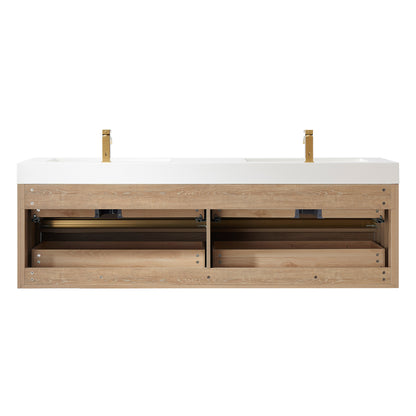 Vinnova, Palencia 72" Double Sink Wall-Mount Bath Vanity in North American Oak with White Composite Integral Square Sink Top