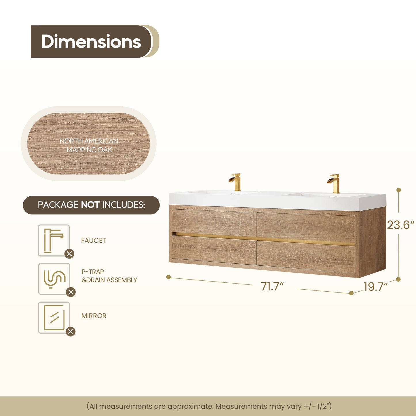 Vinnova, Palencia 72" Double Sink Wall-Mount Bath Vanity in North American Oak with White Composite Integral Square Sink Top