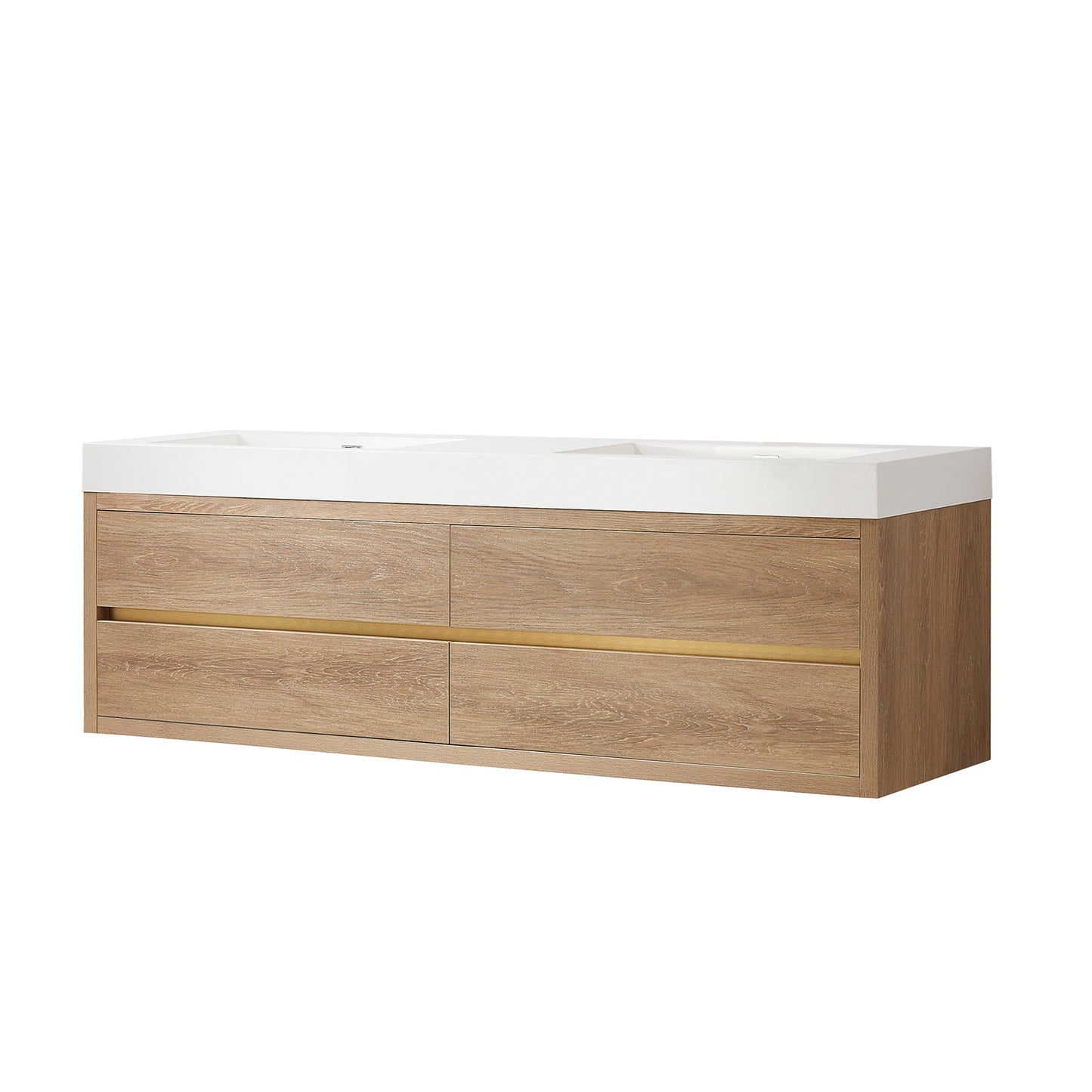 Vinnova, Palencia 72" Double Sink Wall-Mount Bath Vanity in North American Oak with White Composite Integral Square Sink Top