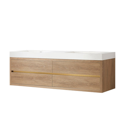 Vinnova, Palencia 72" Double Sink Wall-Mount Bath Vanity in North American Oak with White Composite Integral Square Sink Top