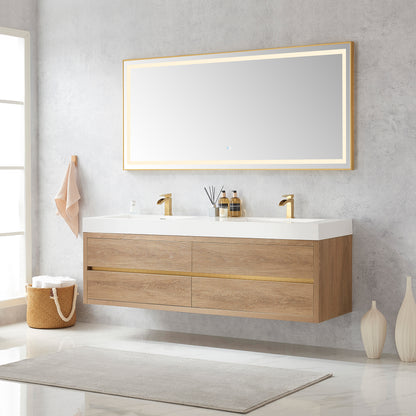 Vinnova, Palencia 72" Double Sink Wall-Mount Bath Vanity in North American Oak with White Composite Integral Square Sink Top