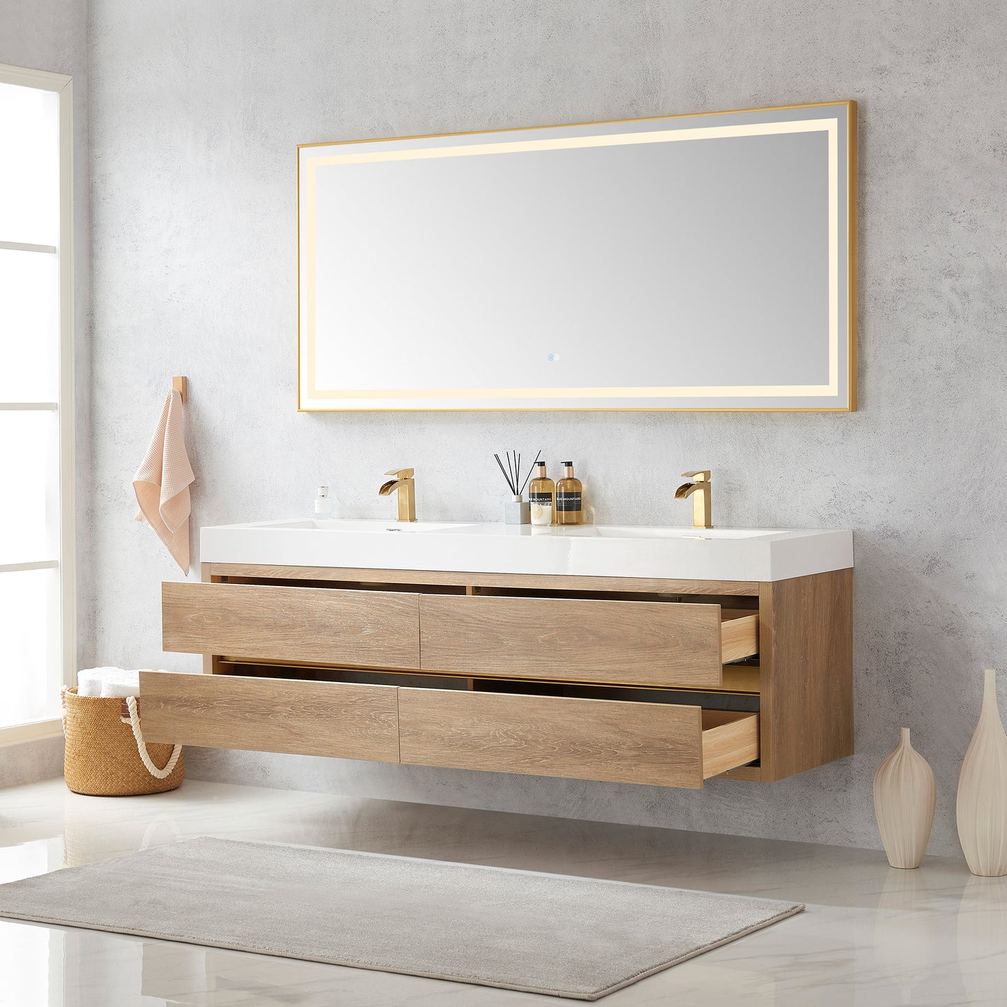 Vinnova, Palencia 72" Double Sink Wall-Mount Bath Vanity in North American Oak with White Composite Integral Square Sink Top