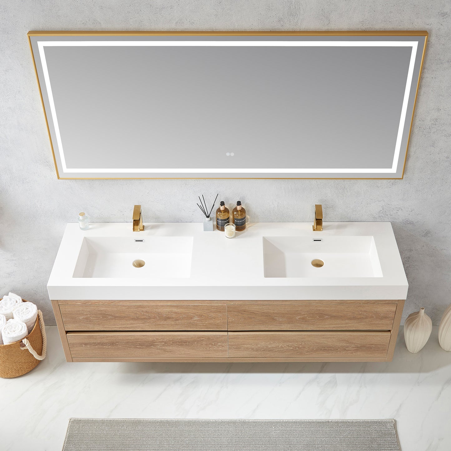 Vinnova, Palencia 72" Double Sink Wall-Mount Bath Vanity in North American Oak with White Composite Integral Square Sink Top