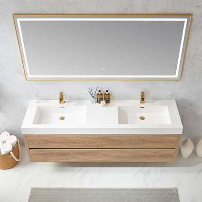 Vinnova, Palencia 72" Double Sink Wall-Mount Bath Vanity in North American Oak with White Composite Integral Square Sink Top