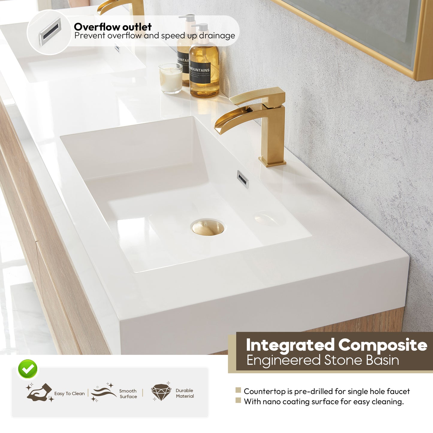 Vinnova, Palencia 72" Double Sink Wall-Mount Bath Vanity in North American Oak with White Composite Integral Square Sink Top