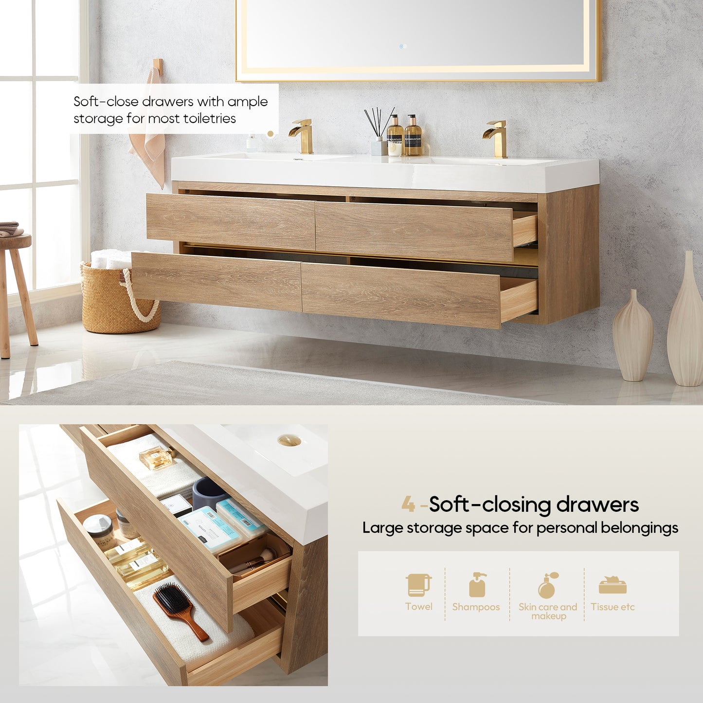 Vinnova, Palencia 72" Double Sink Wall-Mount Bath Vanity in North American Oak with White Composite Integral Square Sink Top