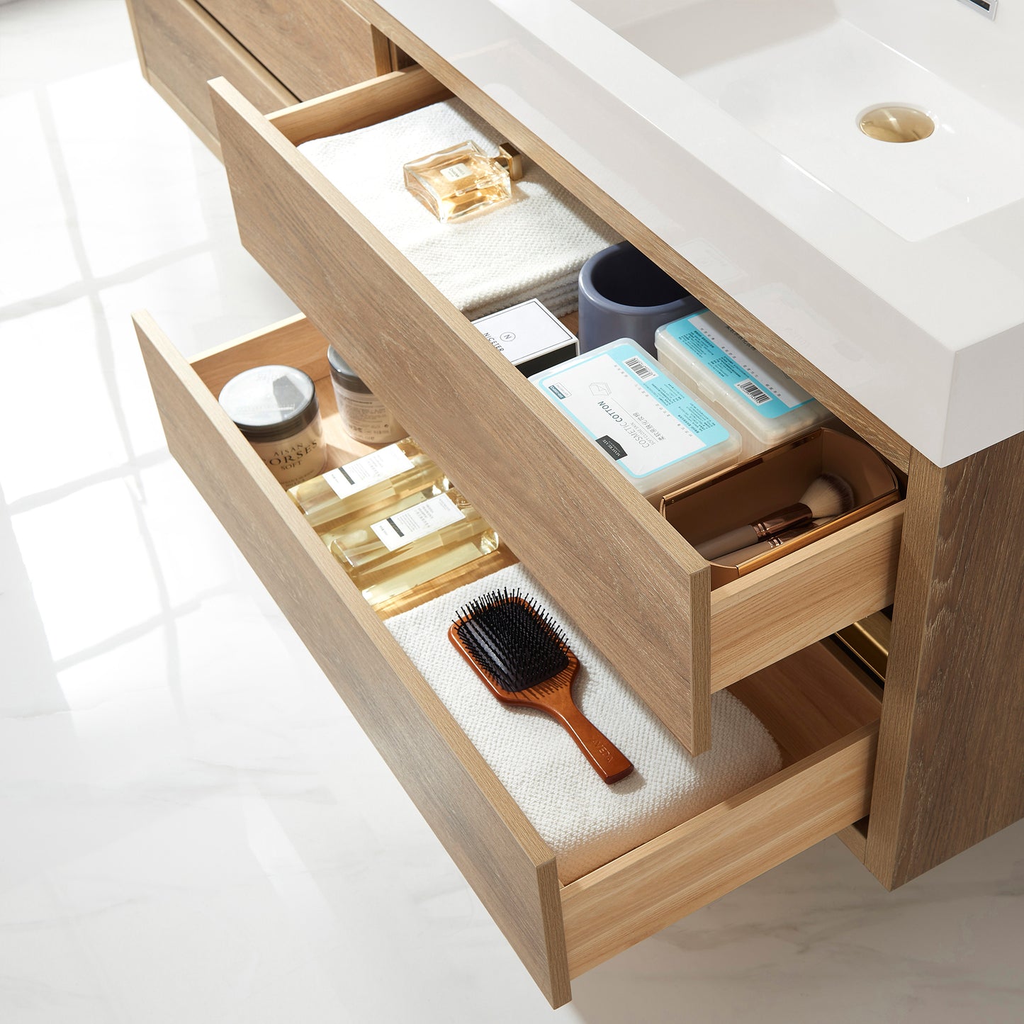 Vinnova, Palencia 72" Double Sink Wall-Mount Bath Vanity in North American Oak with White Composite Integral Square Sink Top