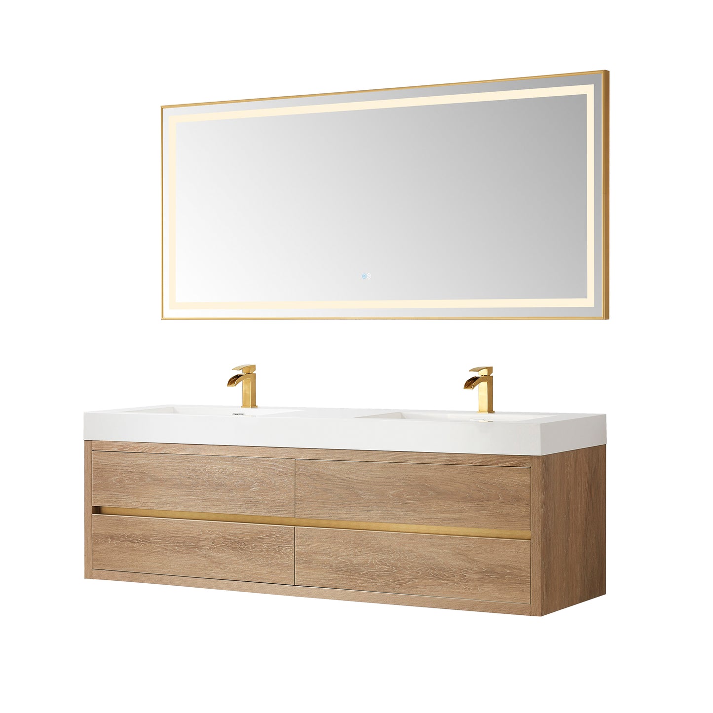 Vinnova, Palencia 72" Double Sink Wall-Mount Bath Vanity in North American Oak with White Composite Integral Square Sink Top and Mirror