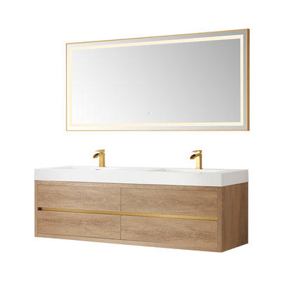 Vinnova, Palencia 72" Double Sink Wall-Mount Bath Vanity in North American Oak with White Composite Integral Square Sink Top and Mirror
