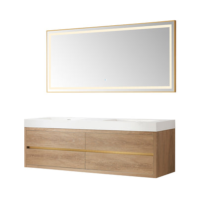 Vinnova, Palencia 72" Double Sink Wall-Mount Bath Vanity in North American Oak with White Composite Integral Square Sink Top and Mirror