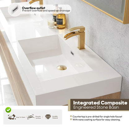 Vinnova, Palencia 72" Double Sink Wall-Mount Bath Vanity in North American Oak with White Composite Integral Square Sink Top and Mirror