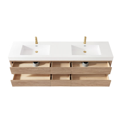 Vinnova, Palencia 84" Double Sink Wall-Mount Bath Vanity in North American Oak with White Composite Integral Sink Top