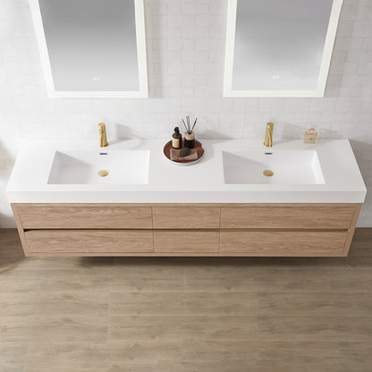 Vinnova, Palencia 84" Double Sink Wall-Mount Bath Vanity in North American Oak with White Composite Integral Sink Top