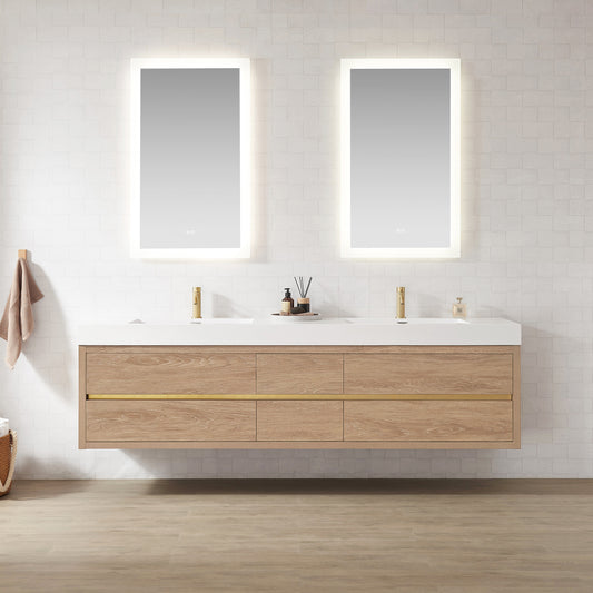 Vinnova, Palencia 84" Double Sink Wall-Mount Bath Vanity in North American Oak with White Composite Integral Sink Top and Mirror
