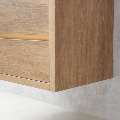 Vinnova, Palencia 84" Double Sink Wall-Mount Bath Vanity in North American Oak with White Composite Integral Sink Top and Mirror