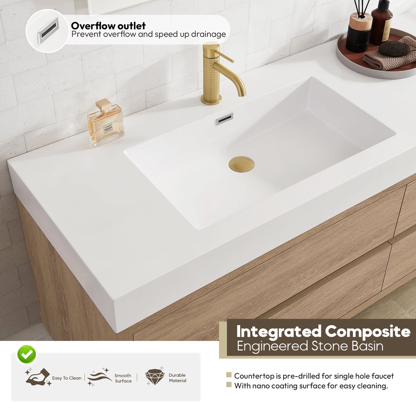 Vinnova, Palencia 84" Double Sink Wall-Mount Bath Vanity in North American Oak with White Composite Integral Sink Top and Mirror