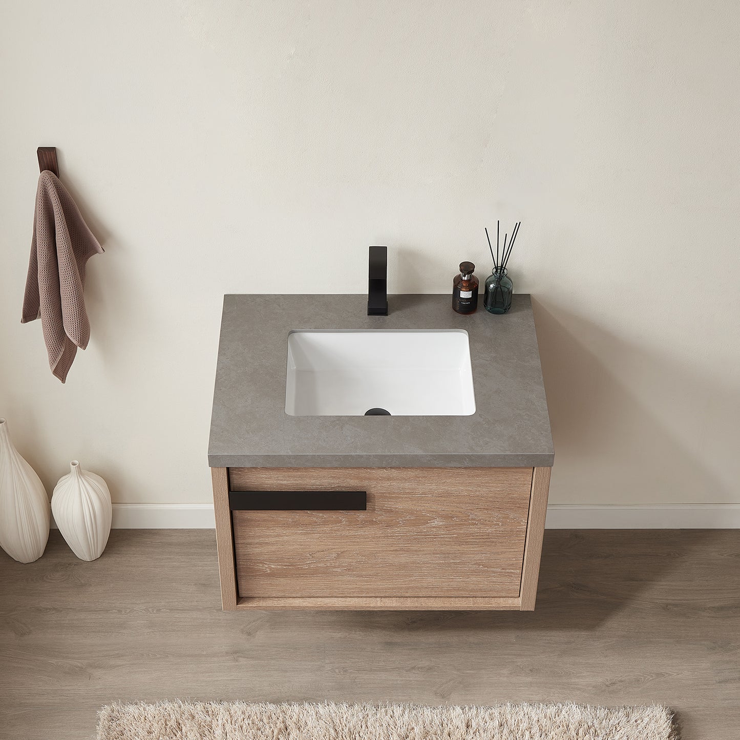 Vinnova, Carcastillo 30" Single Sink Bath Vanity in North American Oak with Grey Sintered Stone Top