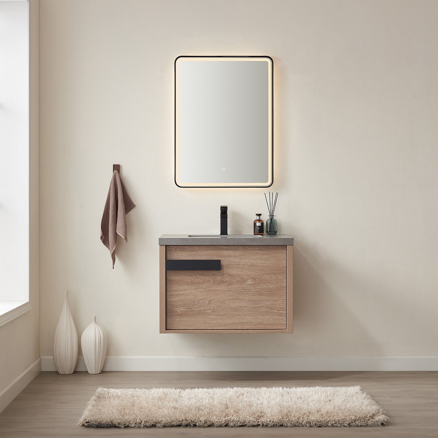 Vinnova, Carcastillo 30" Single Sink Bath Vanity in North American Oak with Grey Sintered Stone Top and Mirror