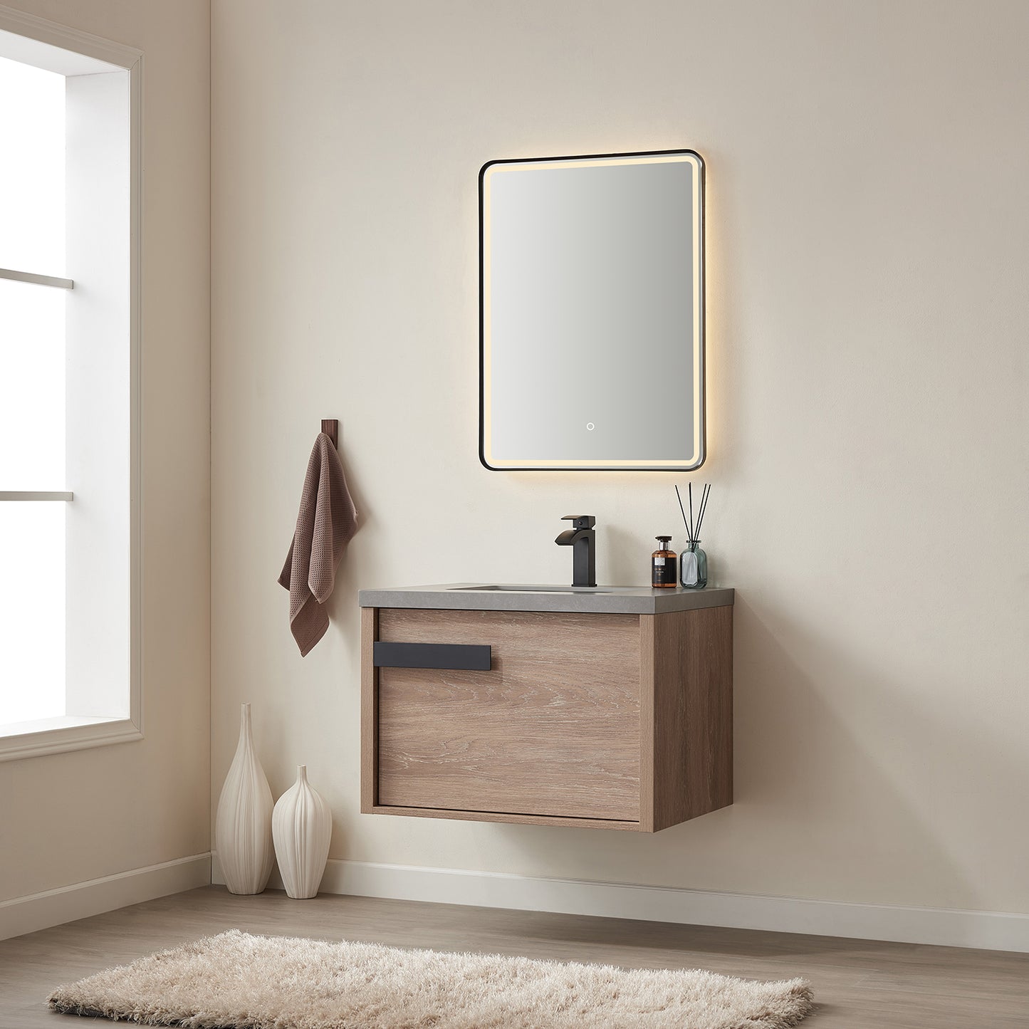 Vinnova, Carcastillo 30" Single Sink Bath Vanity in North American Oak with Grey Sintered Stone Top and Mirror