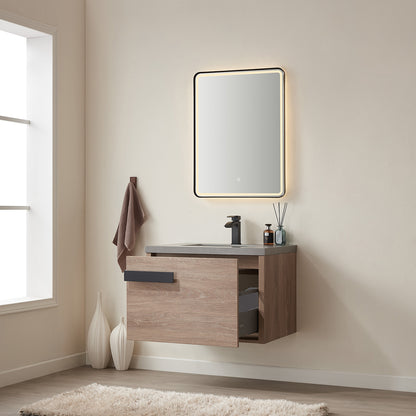 Vinnova, Carcastillo 30" Single Sink Bath Vanity in North American Oak with Grey Sintered Stone Top and Mirror