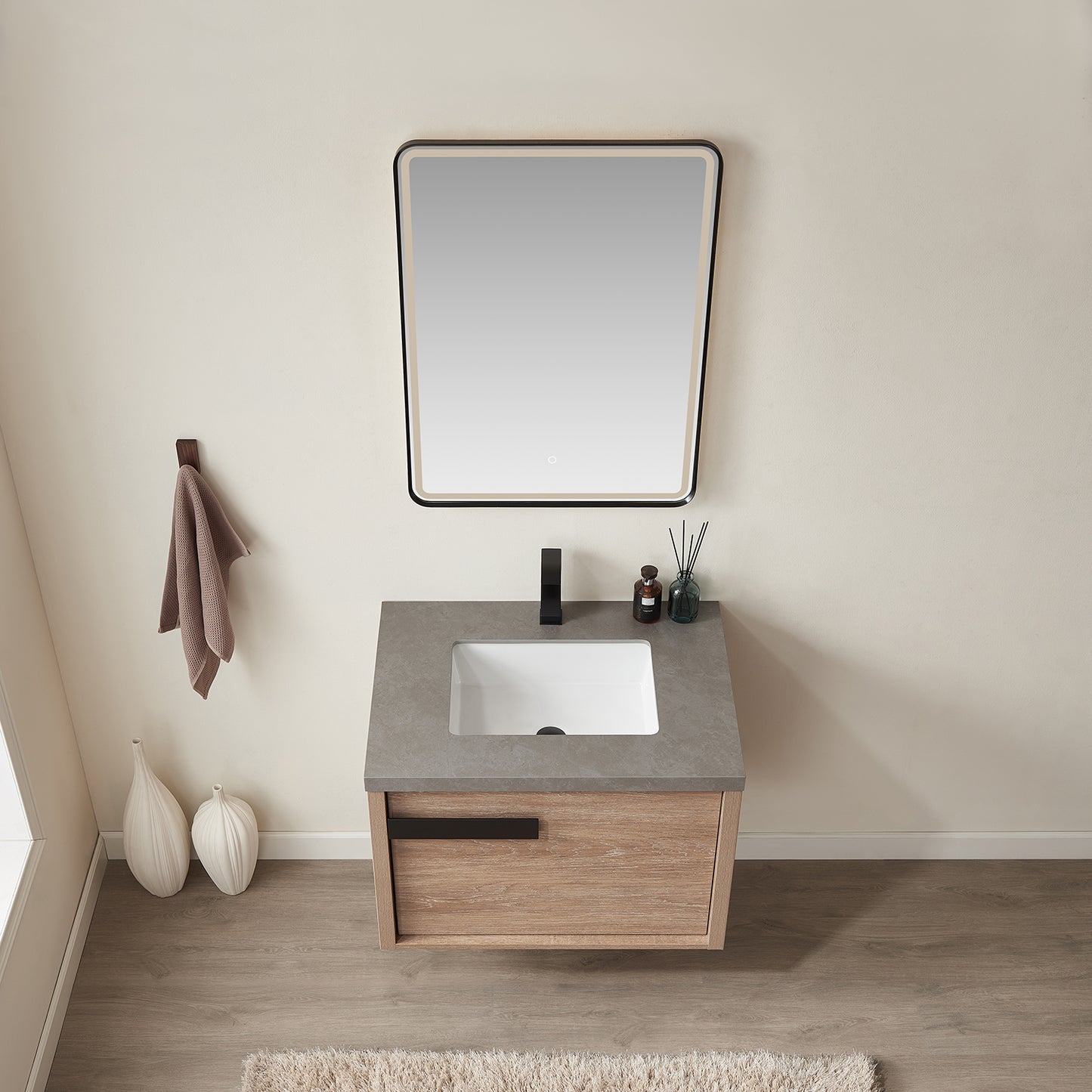 Vinnova, Carcastillo 30" Single Sink Bath Vanity in North American Oak with Grey Sintered Stone Top and Mirror