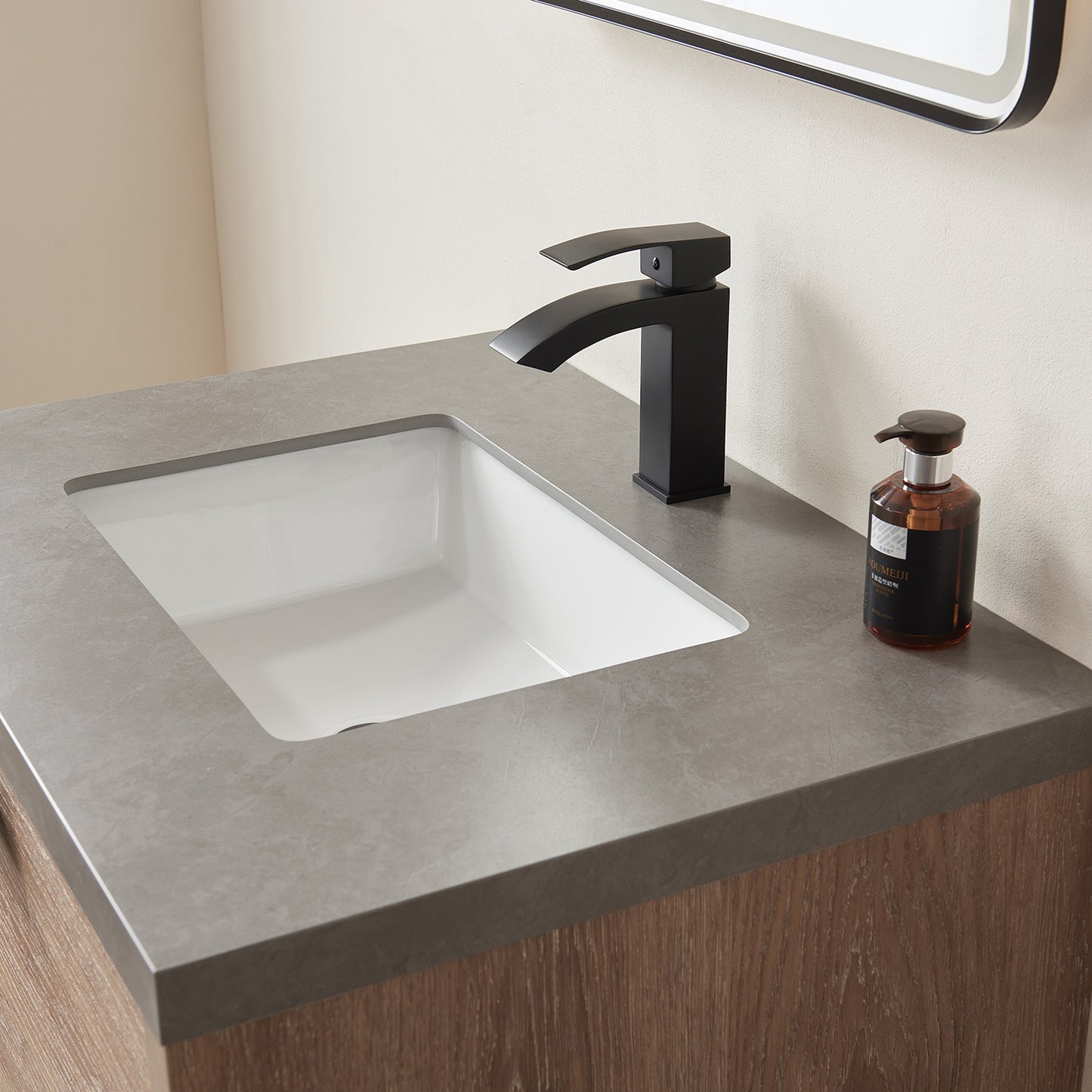 Vinnova, Carcastillo 30" Single Sink Bath Vanity in North American Oak with Grey Sintered Stone Top and Mirror