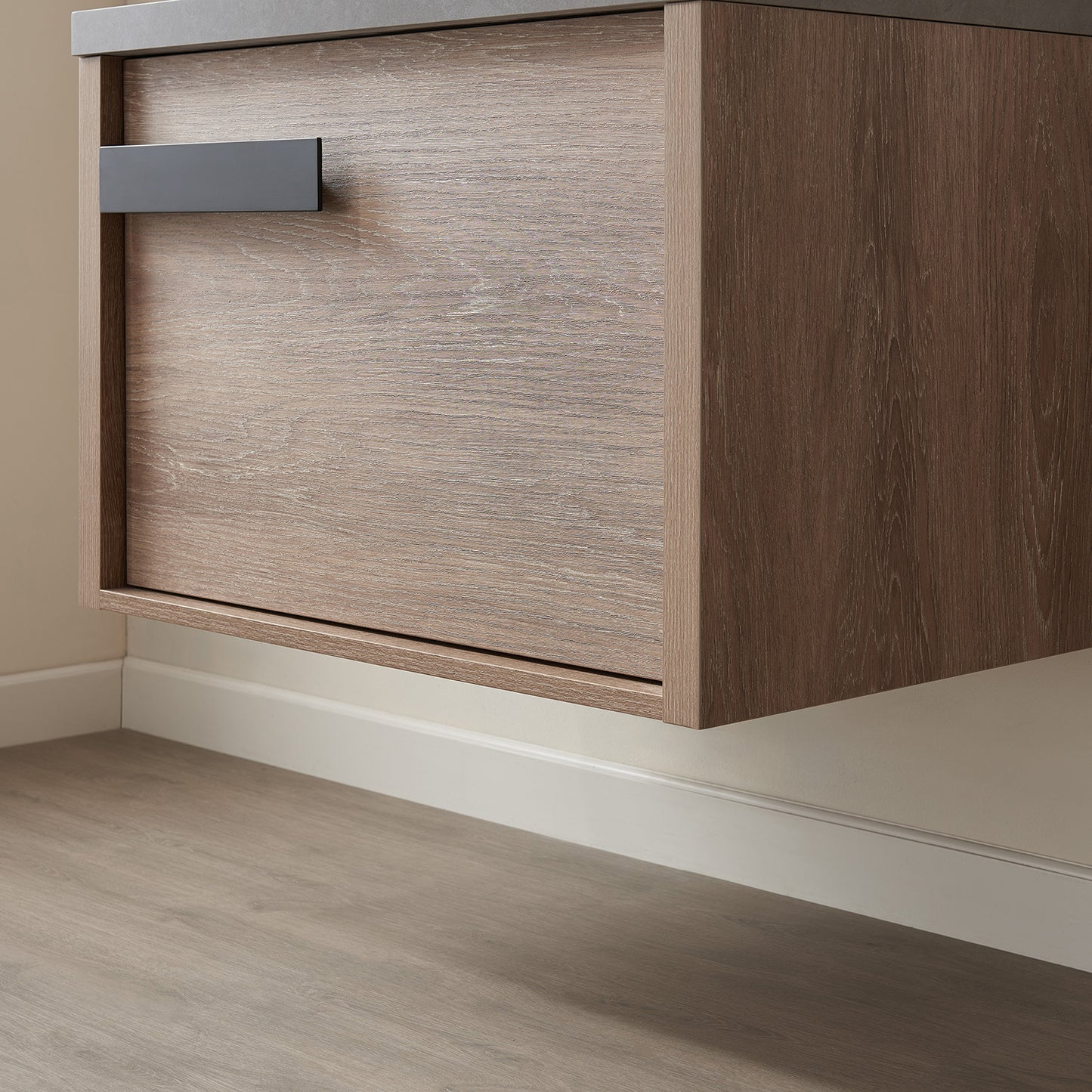 Vinnova, Carcastillo 30" Single Sink Bath Vanity in North American Oak with Grey Sintered Stone Top and Mirror