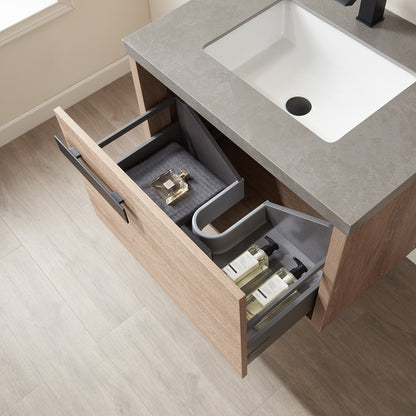 Vinnova, Carcastillo 30" Single Sink Bath Vanity in North American Oak with Grey Sintered Stone Top and Mirror