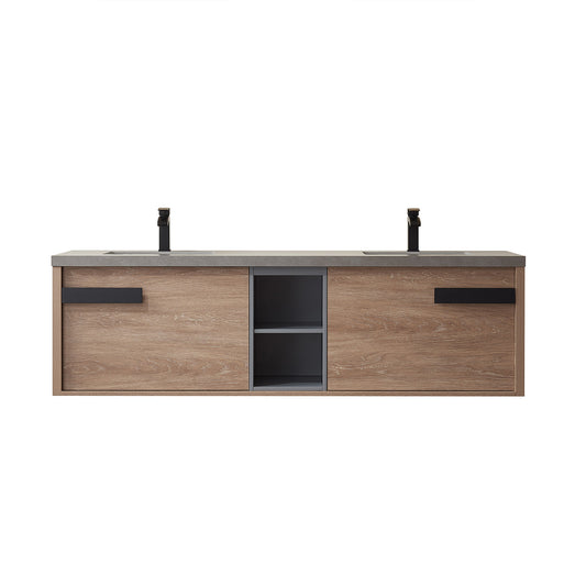 Vinnova, Carcastillo 72" Double Sink Bath Vanity in North American Oak with Grey Sintered Stone Top