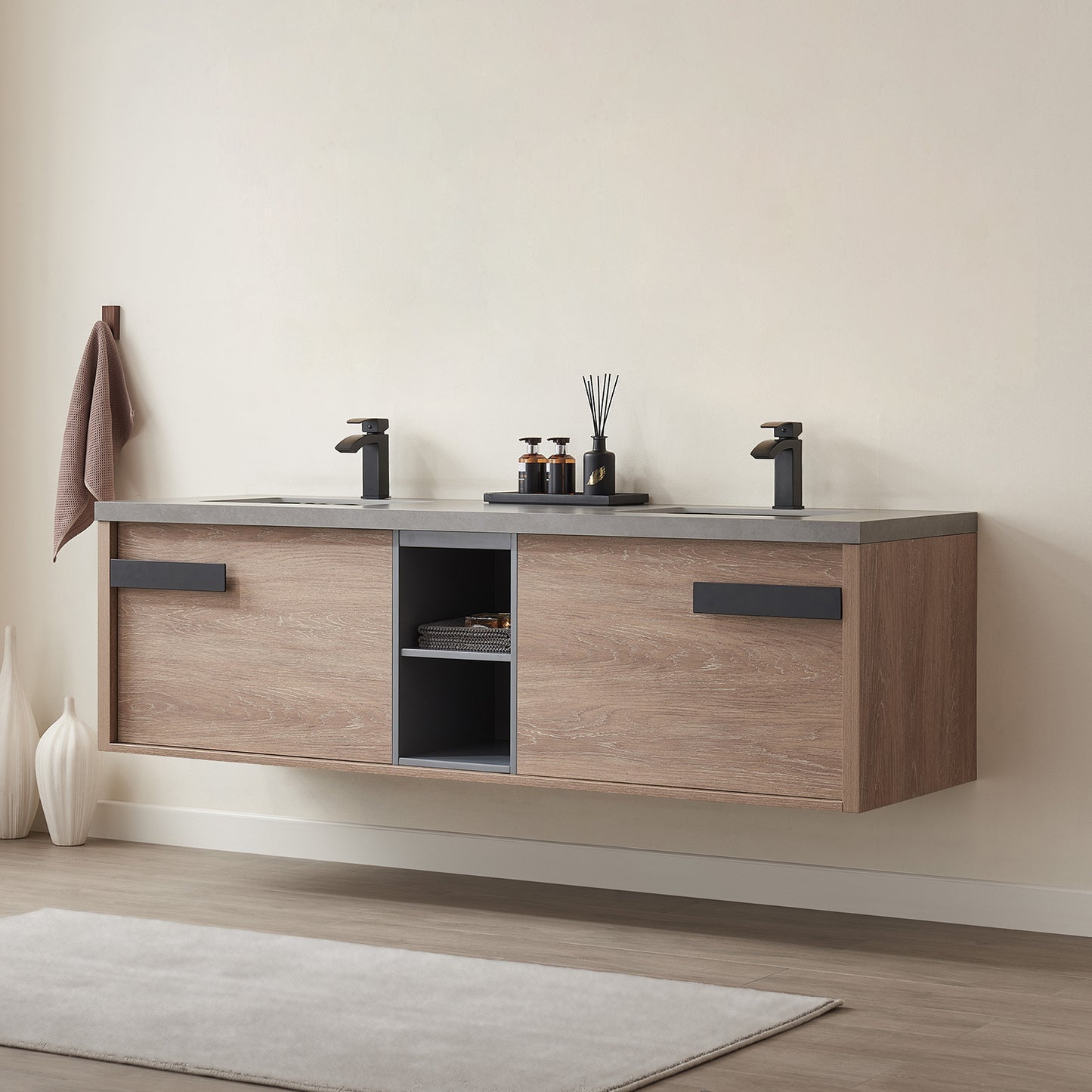 Vinnova, Carcastillo 72" Double Sink Bath Vanity in North American Oak with Grey Sintered Stone Top