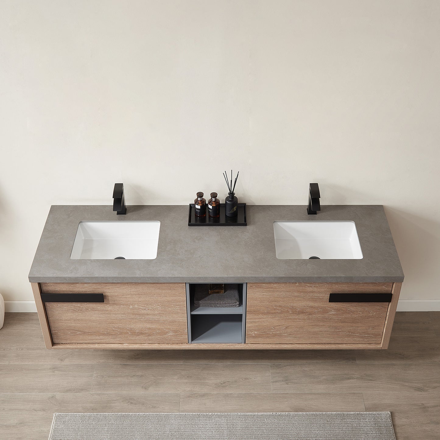 Vinnova, Carcastillo 72" Double Sink Bath Vanity in North American Oak with Grey Sintered Stone Top