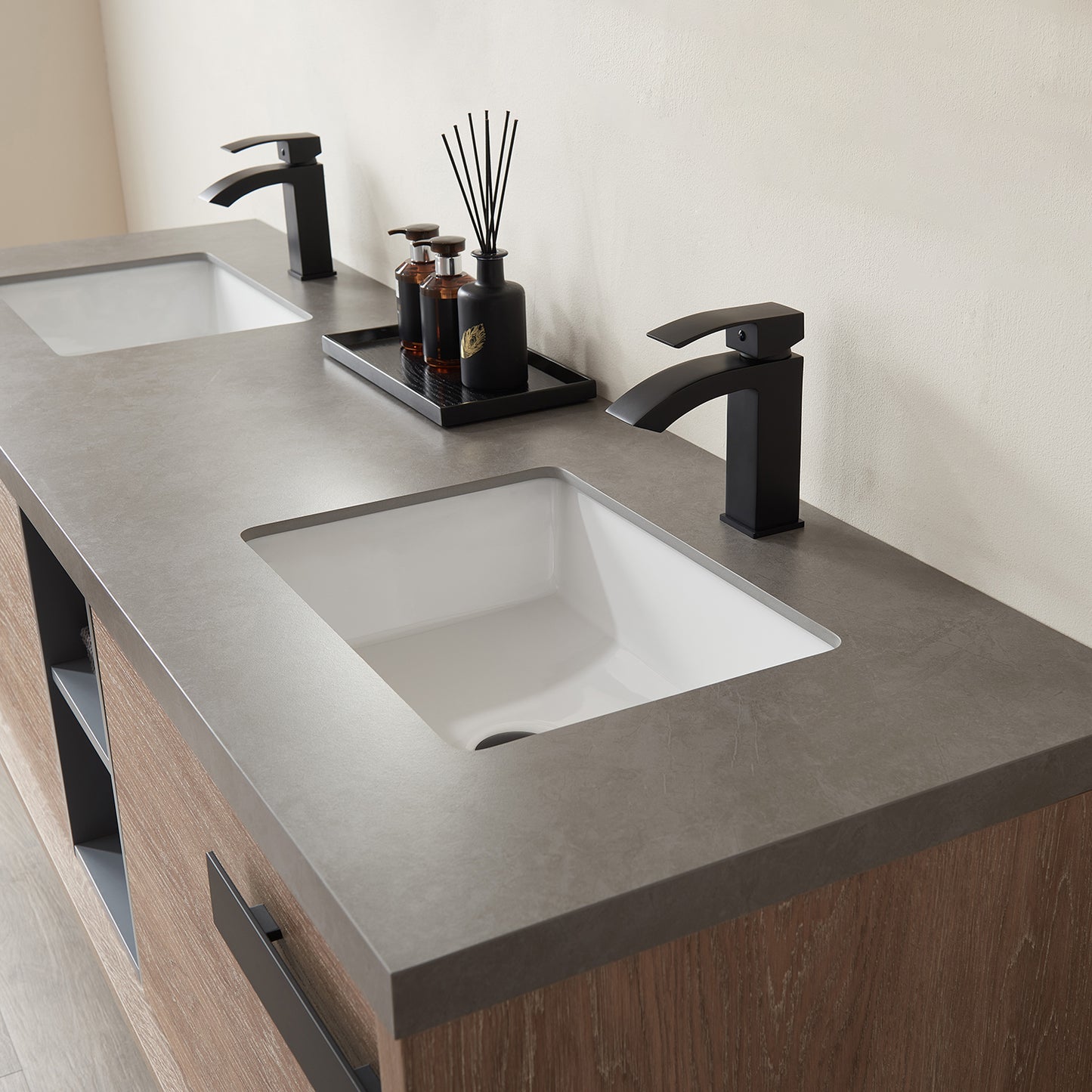 Vinnova, Carcastillo 72" Double Sink Bath Vanity in North American Oak with Grey Sintered Stone Top